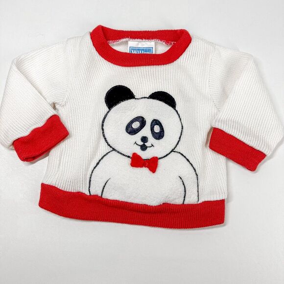 Vintage Baby Panda Bear Sweater Size 9-12 mo Knit Sweater Red Ringer Kawaii - Picture 1 of 4